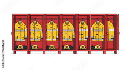 A row of red metal lockers stands open with yellow firefighter protective jackets and matching helmets hanging inside on a clean white studio background.