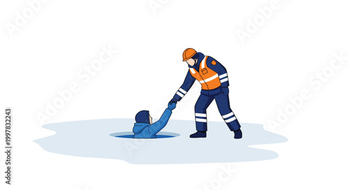 An emergency rescue worker wearing high-visibility orange gear reaches out to pull a person from a circular hole in a frozen icy surface on white.