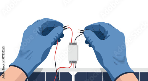 A pair of gloved hands carefully connects electrical wires to a small junction box mounted on the surface of a solar panel against a clean white studio background.