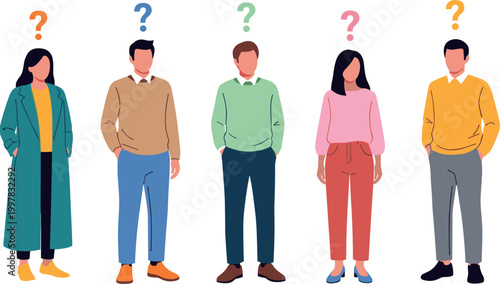 Vector Illustration of People with Question Marks Above Their Heads, Symbolizing Confusion or Curiosity