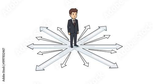A businessman in a dark suit stands at the center of a junction with multiple directional arrows pointing outward against a clean and light grey background.
