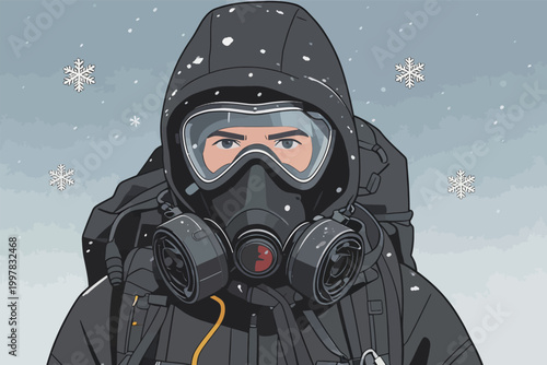 Man in Protective Suit with Gas Mask in Snow