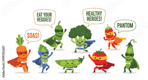 A collection of anthropomorphic vegetable characters dressed as colorful superheroes stand together with speech bubbles in a bright and playful cartoon style illustration.