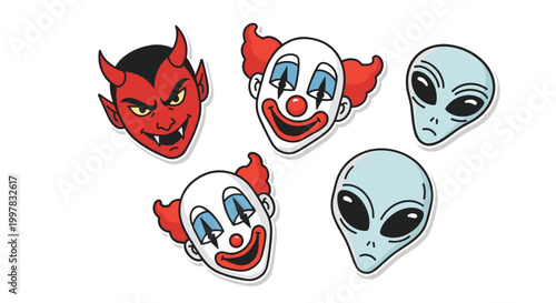 Five distinct masks featuring a red devil, two clowns with vibrant red hair, and two grey aliens are arranged against a clean white background for display.