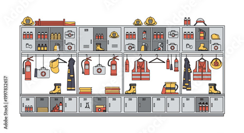 A wall of organized firefighter lockers displays various emergency equipment including helmets, fire extinguishers, protective jackets, and boots in a professional station.