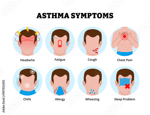 Asthma symptoms icon. Labeled man headache, fatigue, cough, chest pain, chills allergy wheezing and sleep problem. Medical science educational illustration. Lung disease respiratory system.