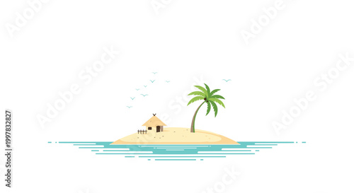 A minimalist illustration of a solitary tropical island features a single palm tree and a small thatched hut on a sandy beach with calm water.