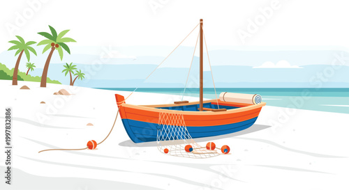 A colorful wooden fishing boat with a net and mast rests on a sandy beach shore near tropical palm trees under a clear sky in a flat vector illustration style.