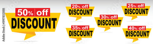 Discount labels set, 20, 25, 30, 35, 40, 45, 50, percent off price tags, sale promotion element, speech bubble style stickers, vector offer badges