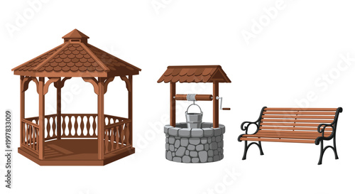 A wooden gazebo, a stone water well with a metal bucket, and a wooden bench with black iron legs are arranged on a clean white background environment.