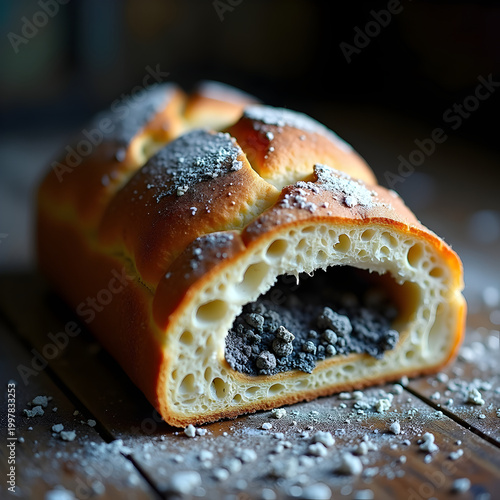 Fresh loaf of bread sliced open with ash and dust inside