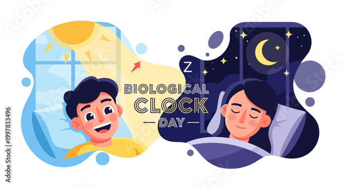 An illustrative vector art for Biological Clock Day shows a person waking up with the sun shining through the window and a woman sleeping soundly with a crescent moon in the night sky