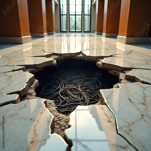 Luxury office lobby with marble floor cracked open, exposing chaotic tangled cables beneath