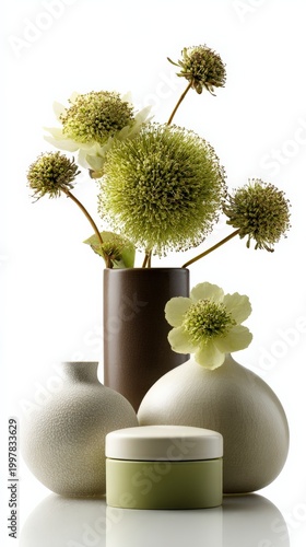 Modern Home Decor Still Life with Ceramic Vases and Green Floral Accents on White Background