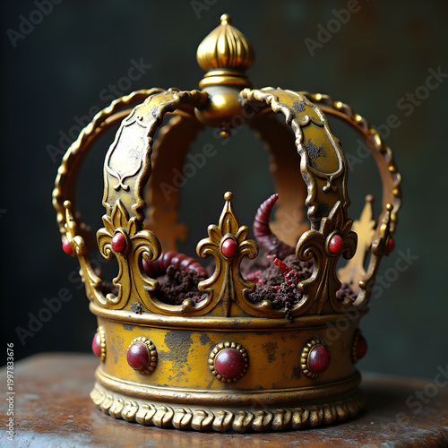 Rusted Golden crown, interior filled with worms,
