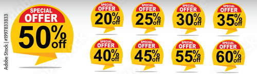 Special offer discount tags, 20, 25, 30, 35, 40, 45, 50, 55, 60 percent off speech bubble stickers, sale promotion element, yellow price labels