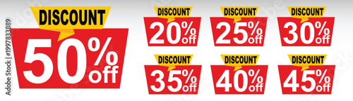 Discount labels set, 20, 25, 30, 35, 40, 45, 50, percent off price tags, red sale banners, promotion element, speech bubble style stickers, vector offer badges