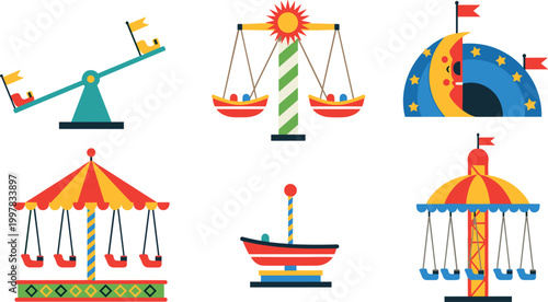 Amusement park rides collection with carousel swings and carnival attractions isolated on light background entertainment vector illustration set