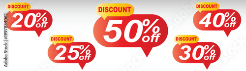 Discount labels set, 20, 25, 30, 40, 50, percent off price tags, red speech bubble stickers, sale promotion element, vector offer badges, marketing banners