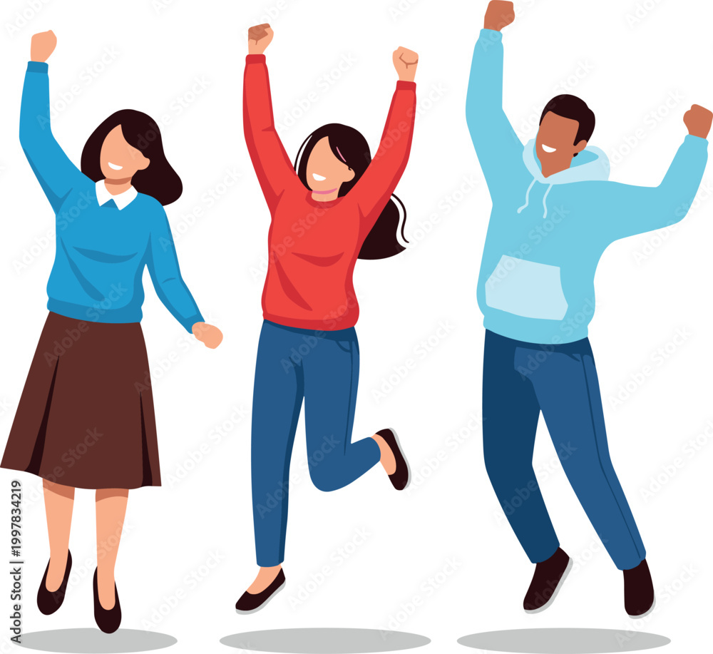 Fototapeta premium Vector Illustration of Three People Jumping with Joy in Casual Clothing