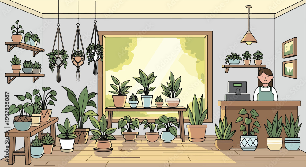 Fototapeta premium A plant-filled indoor space with a smiling woman behind the counter