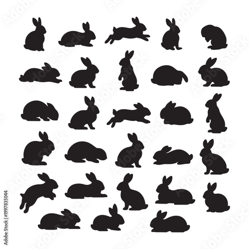 Collection of 25 Black Rabbit Silhouettes in Various Poses — Vector Clipart Set on White Background