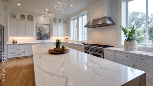 Modern luxury kitchen interior with white marble island and shaker cabinets.