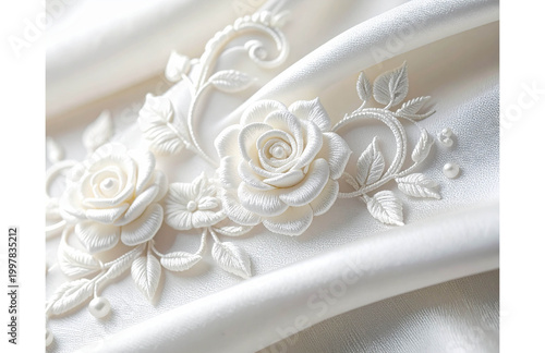 White Floral Embroidery on Ivory Silk