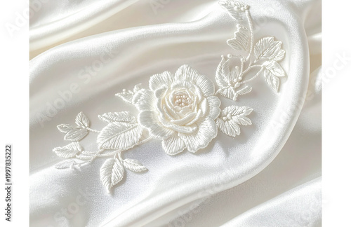 White Floral Embroidery on Ivory Silk