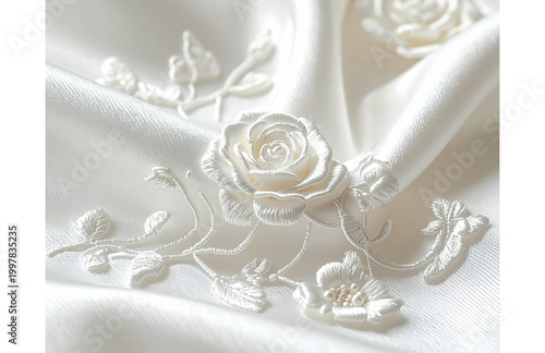 White Floral Embroidery on Ivory Silk