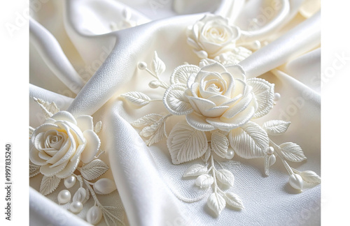 White Floral Embroidery on Ivory Silk