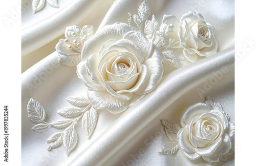 White Floral Embroidery on Ivory Silk
