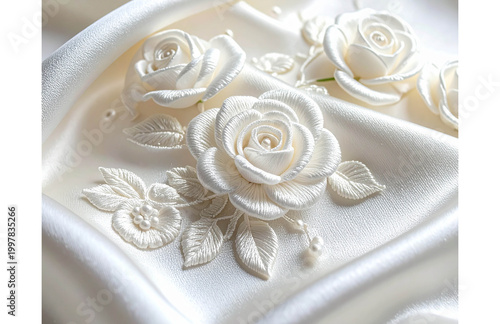 White Floral Embroidery on Ivory Silk