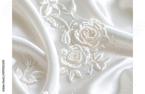 White Floral Embroidery on Ivory Silk