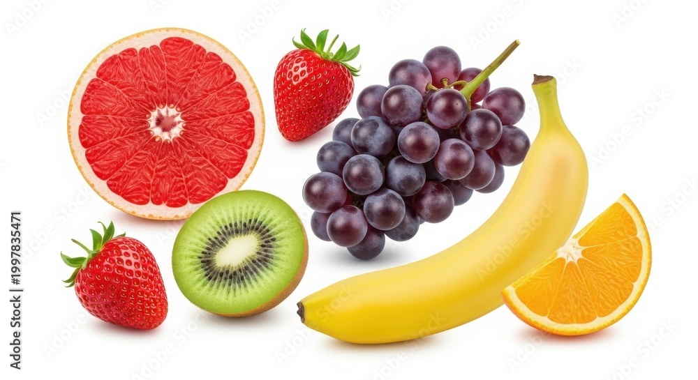 Naklejka premium Fresh fruit collection with banana, grapes, and strawberries, assortment of sliced citrus and kiwi, healthy organic food ingredients isolated on White Background