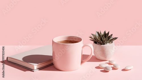 Minimalist Aesthetic Still Life with Pink Coffee Mug Notebook and Succulent Plant