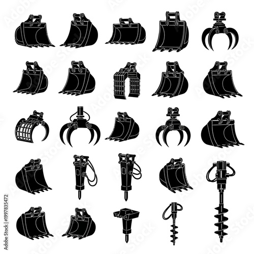 Construction equipment attachments set, black silhouette icons