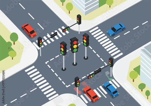 Bild auf Leinwand A graphic of a four-way intersection with traffic lights