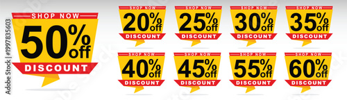 Shop now discount labels set, 20, 25, 30, 35, 40, 45, 50, 55, 60, percent off price tags, yellow sale banners, promotion element, speech bubble stickers, vector badges