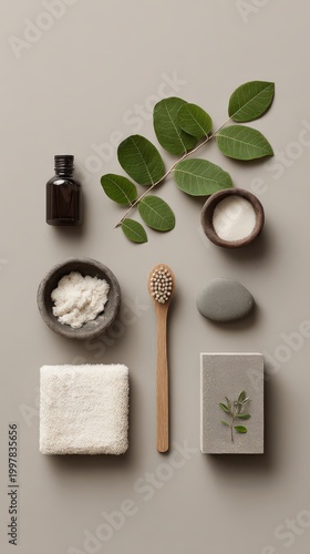 Natural Organic Skin Care Products Flat Lay with Essential Oil and Massage Brush