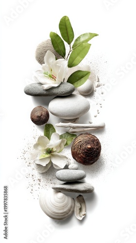 Natural Spa Still Life with Smooth Pebbles, White Flowers and Sand for Wellness