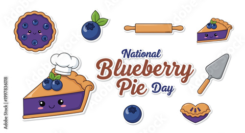 Overhead vector illustration showcasing a set of National Blueberry Pie Day themed stickers, including a whole pie and pie slices with cute kawaii faces, a rolling pin, and blueberries, all