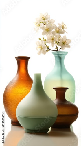 Minimalist Still Life of Frosted Glass Vases with White Cherry Blossoms on White Background
