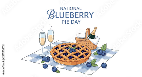 A charming vector illustration celebrates National Blueberry Pie Day with a picnic setup featuring a homemade blueberry pie dessert, champagne flutes, and a picnic basket on a blue