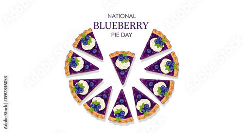 Overhead vector illustration showcasing a sliced homemade blueberry pie on National Blueberry Pie Day, arranged in a circular composition against a clean white background, with a sweet