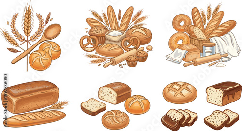 Bakery products collection with bread loaves wheat flour buns pastries and baking ingredients detailed hand drawn illustration set