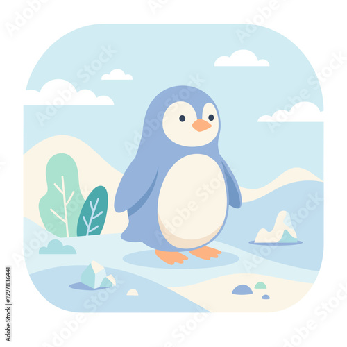 A cute and friendly cartoon penguin stands proudly in a charming snowy landscape, surrounded by icy blue terrain, gentle hills, sparse green bushes, and soft white clouds in the sky.