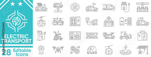Electric Mobility Icon Set Featuring Modern Electric Transport Vehicles and Charging Elements Editable Stroke Vector illustration set.