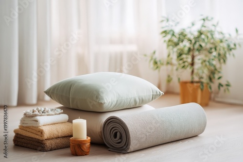 Yoga and Meditation Setup with Rolled Mat, Towels, and Candle for Wellness Branding