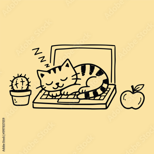 Isolated black ink sketch of a cat taking a nap on a workstation laptop, with a cactus and apple